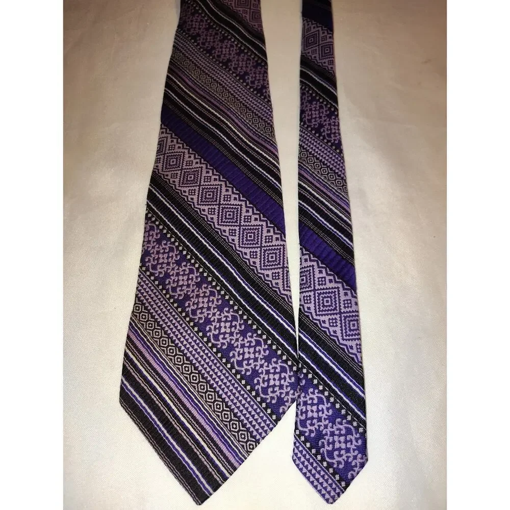 Vintage 1970s Polyester Latimer Purple Black Lavender Geometric Stripe Necktie